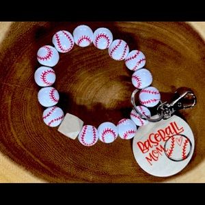 These baseball painted Wood Bead Bracelet, Keyring Tassel with a Round Wood Disc